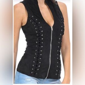 Sleek Black Lace-Up Zipper Vest Top
